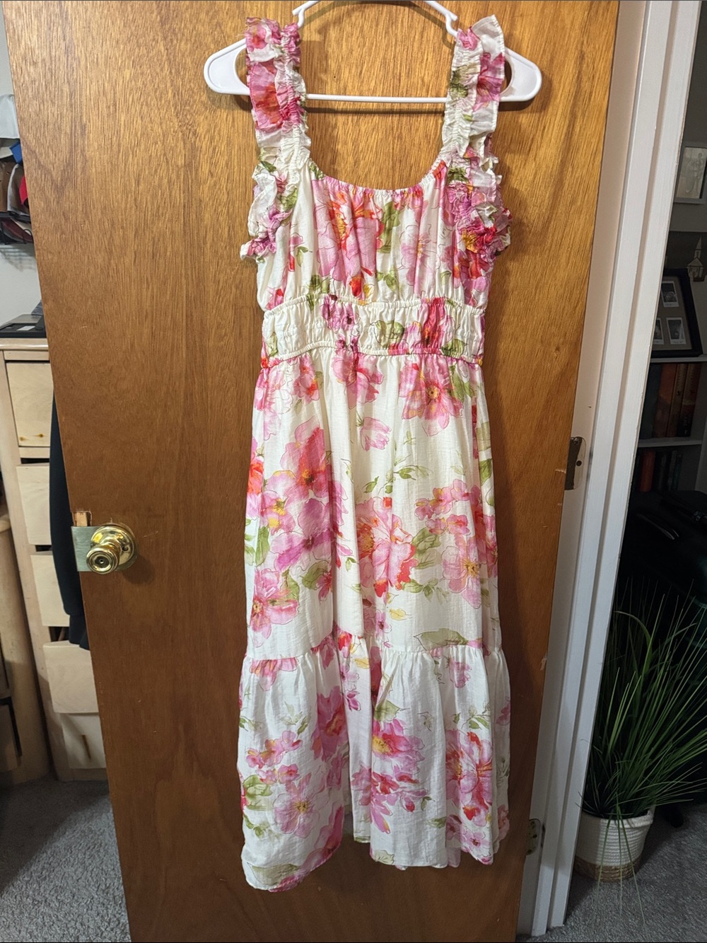 Women’s Cream Floral Maxi Dress with Ruffle Straps